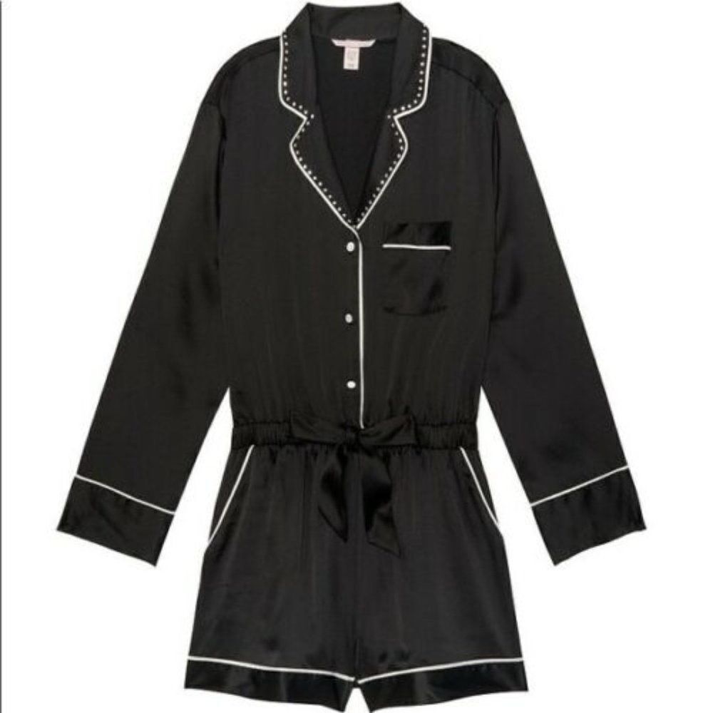 977 NWT  Victoria’s Secret Satin & Rhinestone Button Romper Black L